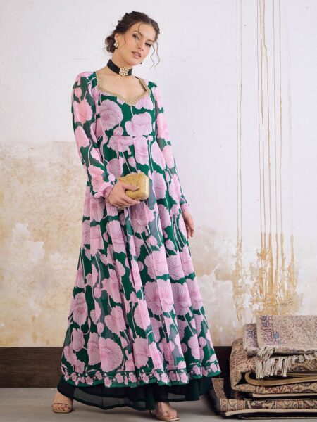 Floral Printed Sweetheart Neck Empire Georgette Anarkali Kurta