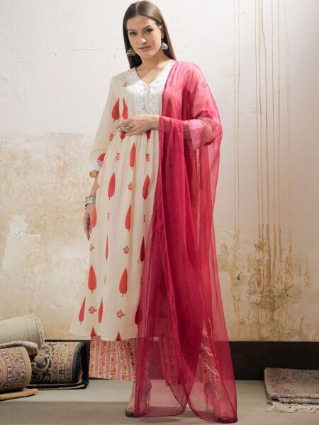 Floral Printed Thread Work Pure Cotton Kurta With Palazzos & Dupatta