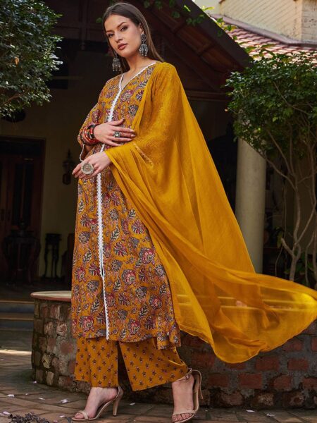 Floral Printed Thread Work Pure Cotton Kurta With Trouser & Dupatta