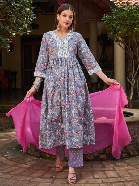 Floral Printed Thread Work Pure Cotton Kurta With Trousers & Dupatta