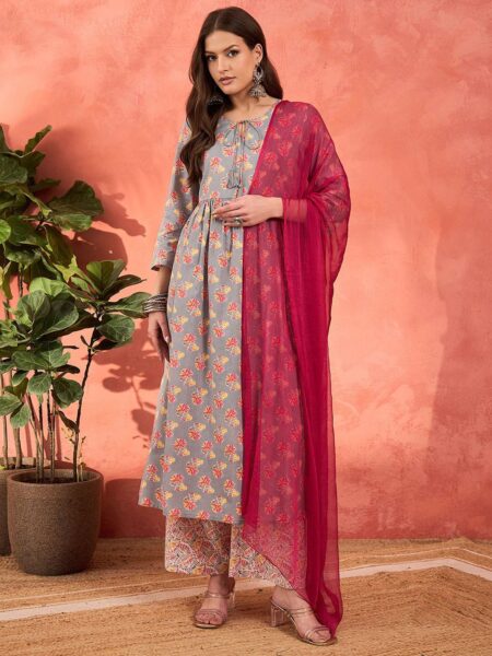 Floral Printed Tie-Up Neck Pure Cotton Kurta With Palazzos & Dupatta