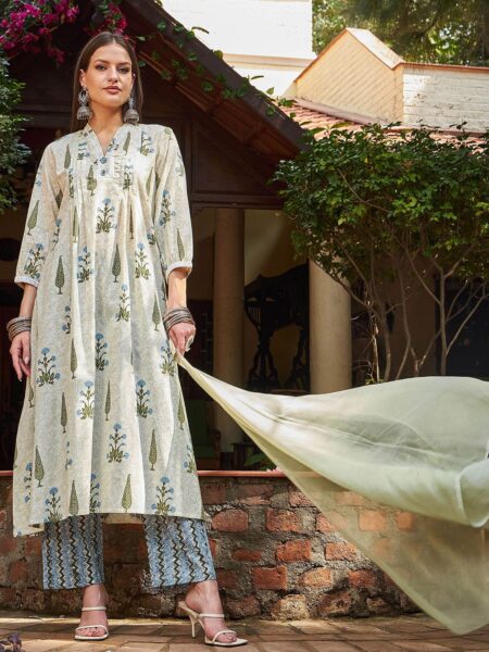 Floral Printed V-Neck Empire Pure Cotton Kurta With Trousers & Dupatta