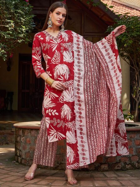 Floral Printed V-Neck Pure Cotton Straight Kurta With Trousers & Dupatta