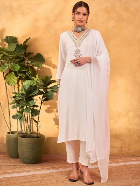 Floral Yoke Design V-Neck Straight Kurta With Trousers & Dupatta