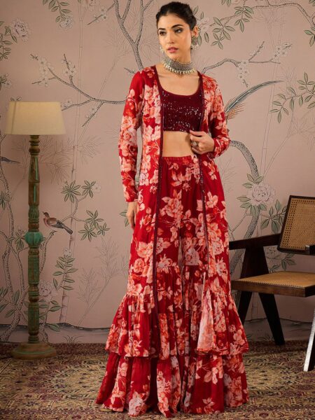 Maroon and Cream Embellished Top and Shrug With Trouser