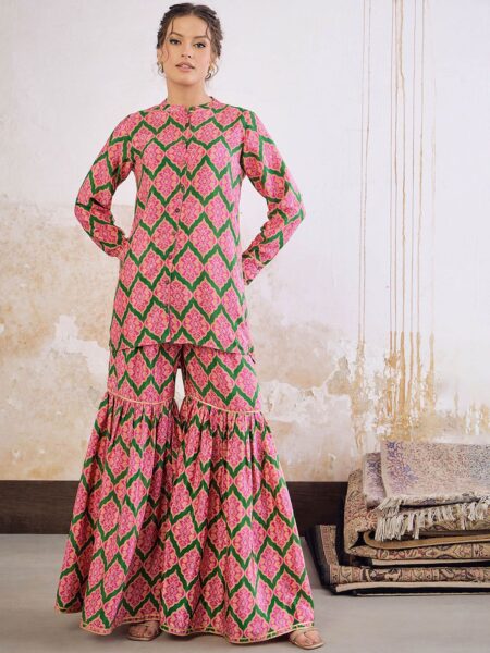 Printed Mandarin Collar Tunic With Sharara