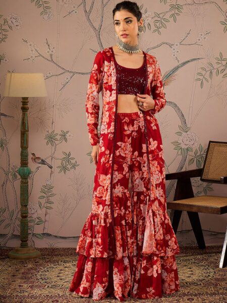 Sequined Crop Top With Sharara & Shrug