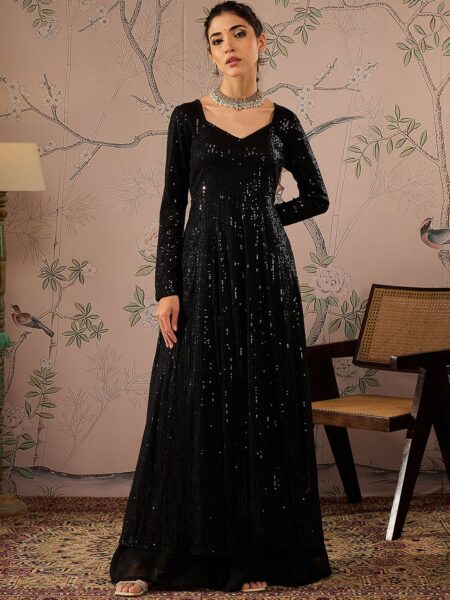 Striped Round Neck Long Sleeves Regular Sequinned Anarkali Kurta