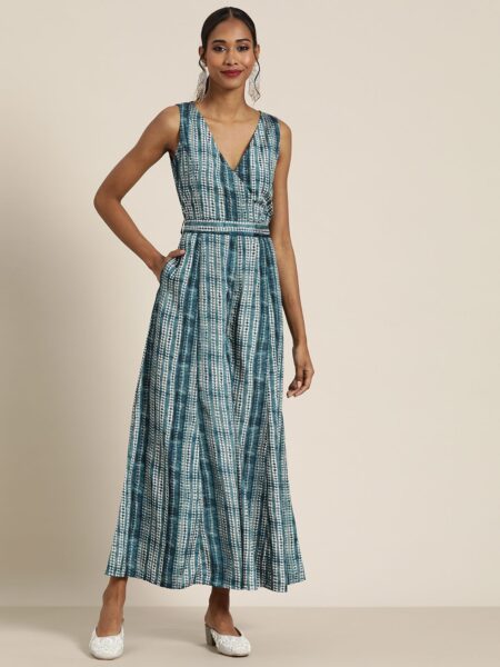 Teal & White Printed Basic Jumpsuit