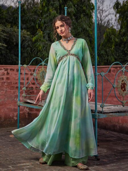 Tie & Dye V-Neck Thread Work  Empire Anarkali Kurta