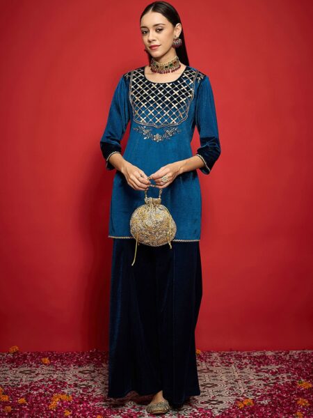 Women Embroidered Regular Velvet Kurta with Palazzos