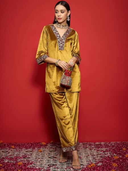 Women Embroidered Regular Velvet Kurta with Palazzos