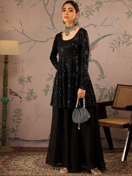Women Embroidered Sequinned Kurta with Palazzos