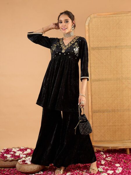 Women Ethnic Motifs Embroidered Tiered Mirror Work Kurti with Palazzos