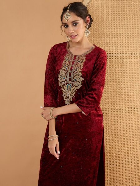 Women Ethnic Motifs Embroidered Zari Work Velvet Kurta with Trousers