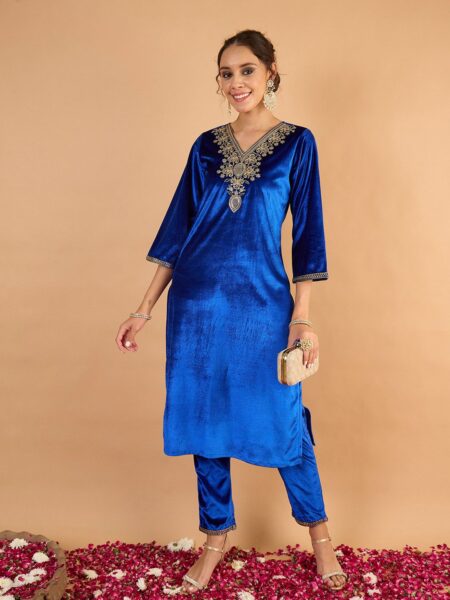Women Velvet Ethnic Motifs Embroidered Kurta with Trousers