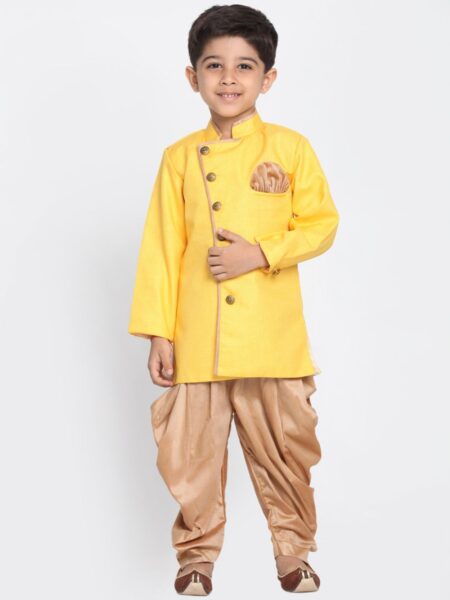 Boy's Yellow Jute Silk Blend Sherwani Set