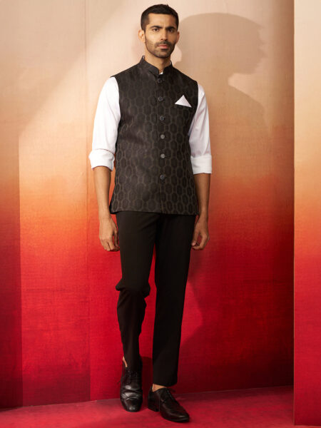Men Black Silk Nehru Jacket