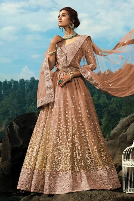 Brown Zari Worked Soft Net Wedding Wear Lehenga Choli